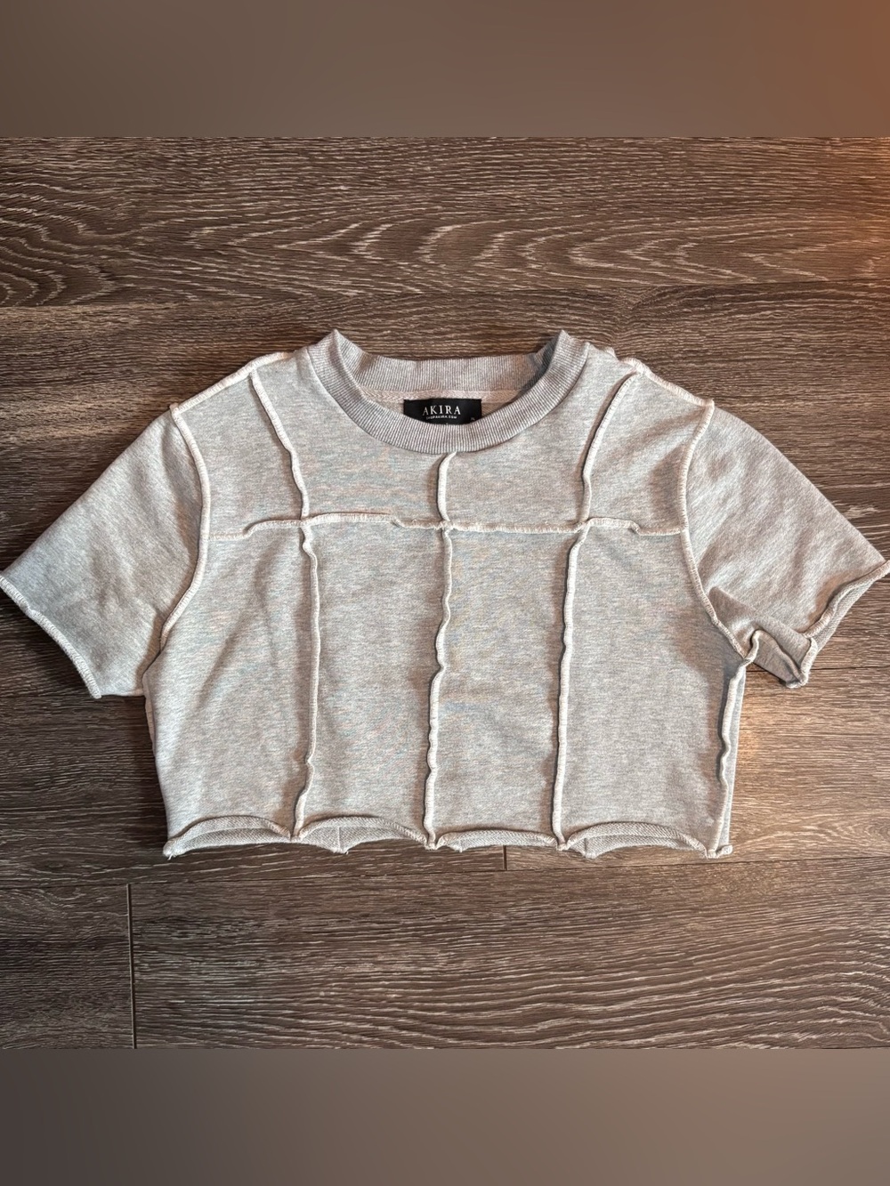 Akira Gray Exposed Seam Cropped Top XL Short Sleeve Raw Hem